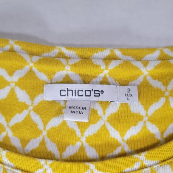 Chicos Women Yellow Diamond Pattern Causal Short Sleeve Cotton Top Size L - Picture 2 of 6